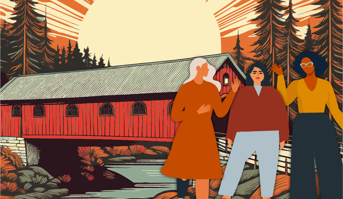 Illustration of a group of diverse women talking with an old covered bridge over a river in the background