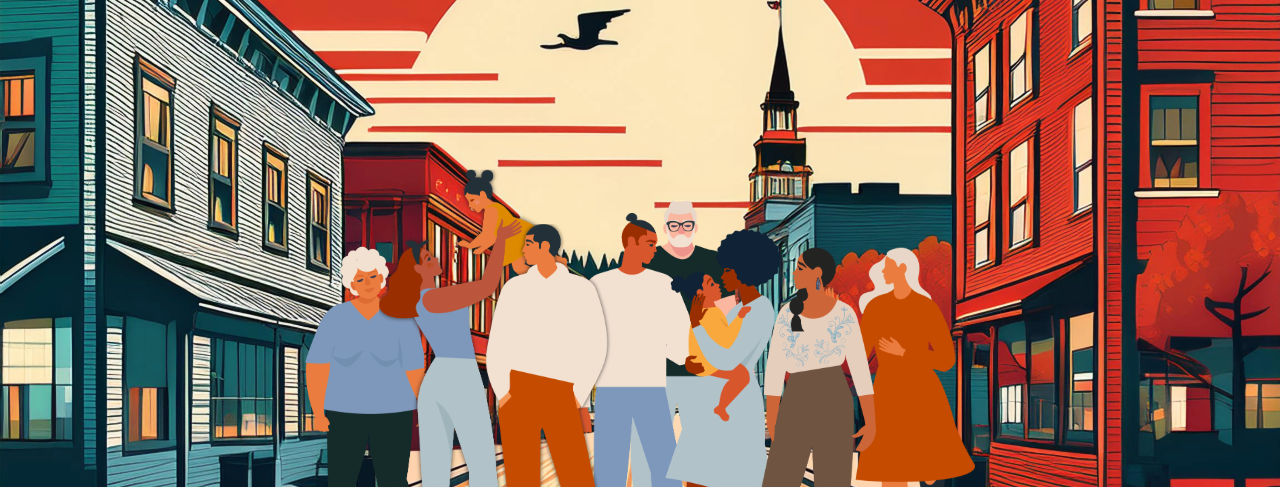 Illustrated scene of a diverse, multigenerational group of people—children, adults, and older adults—standing together on a Maine main street, with historic buildings, autumn colors, and a church steeple in the background.