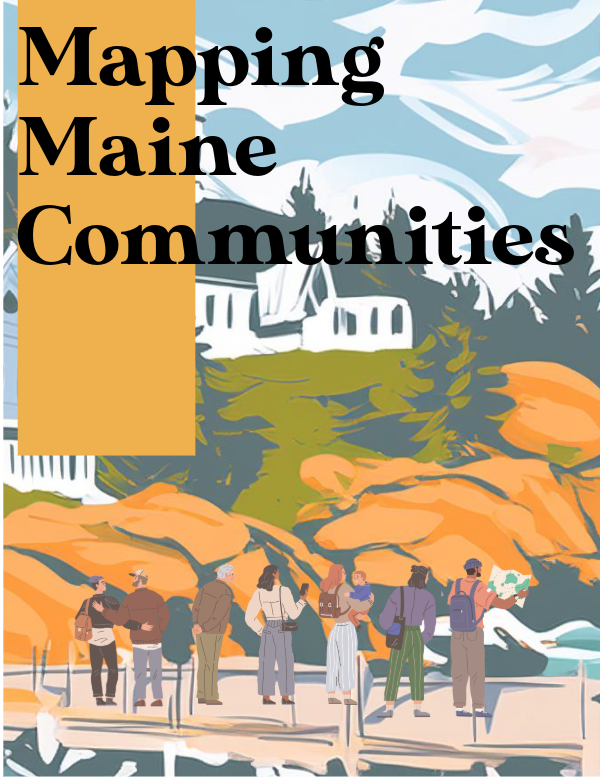 Illustration of diverse group of people standing on a pier, looking out along the Maine coast with white buildings and trees in the background. 