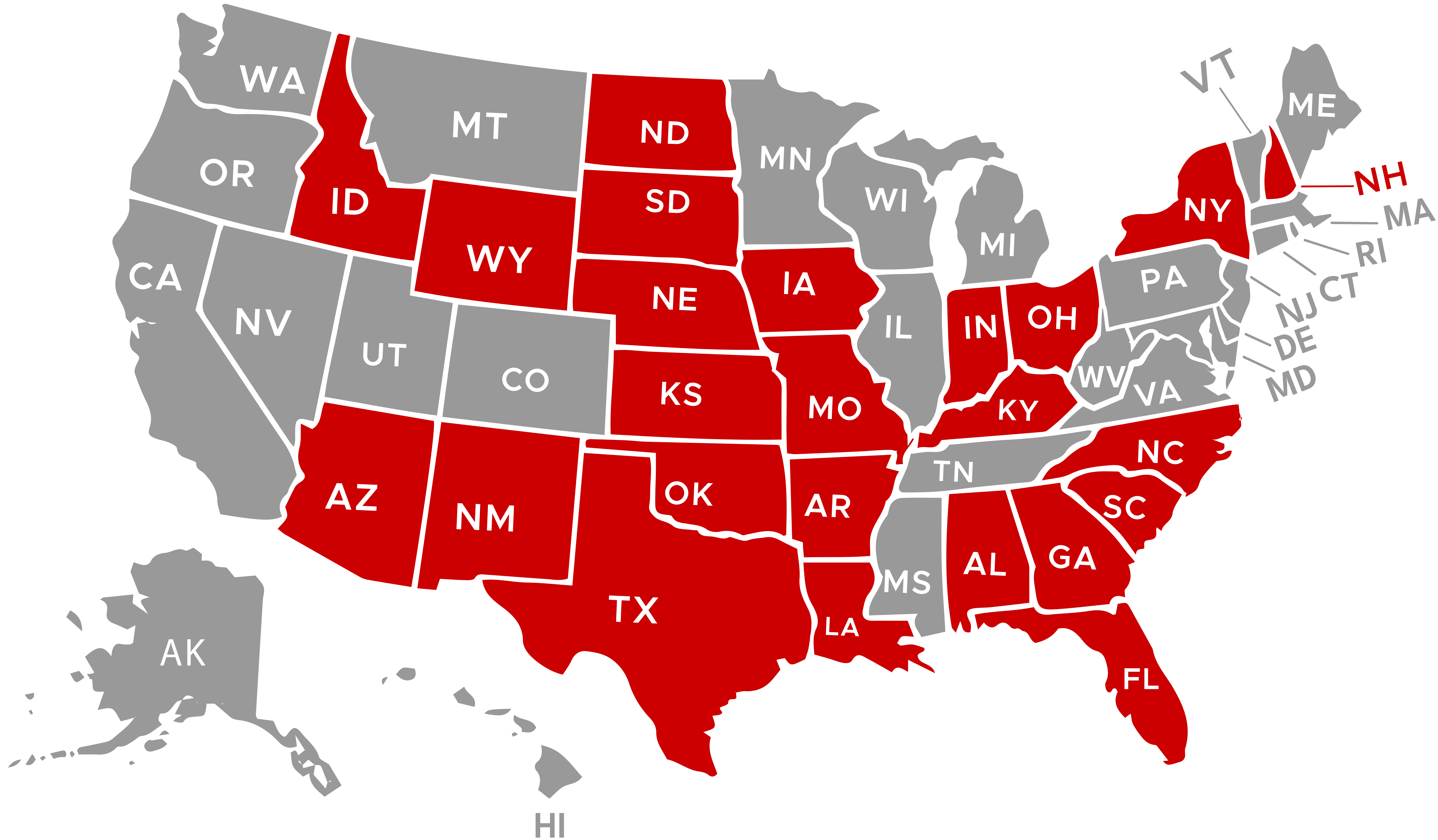 A map of the United States highlighting certain states in red and others in gray. The red states include much of the South, Midwest, and Mountain West, such as Texas, Florida, Georgia, Missouri, and Arizona. Gray states include Maine, California, and most of the West Coast and Northeast. The map visually distinguishes between two categories of states, representing differences in voter ID laws.