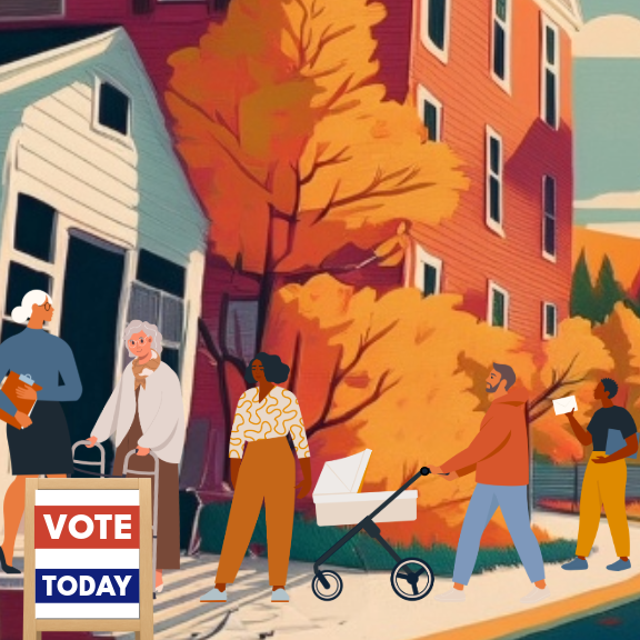A diverse group of people are shown outside a Maine polling place on a fall day. Bright orange trees frame a red brick building as voters of different ages and races arrive together: a man pushes a stroller, a woman assists an older voter with a walker, and another person holds a ballot. A sign in the foreground reads “VOTE TODAY.” The scene conveys accessibility, community, and civic participation.