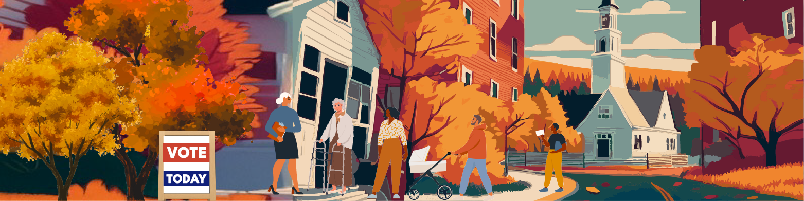 Illustration of a fall day in Maine, depicting people entering a tpolling location to vote