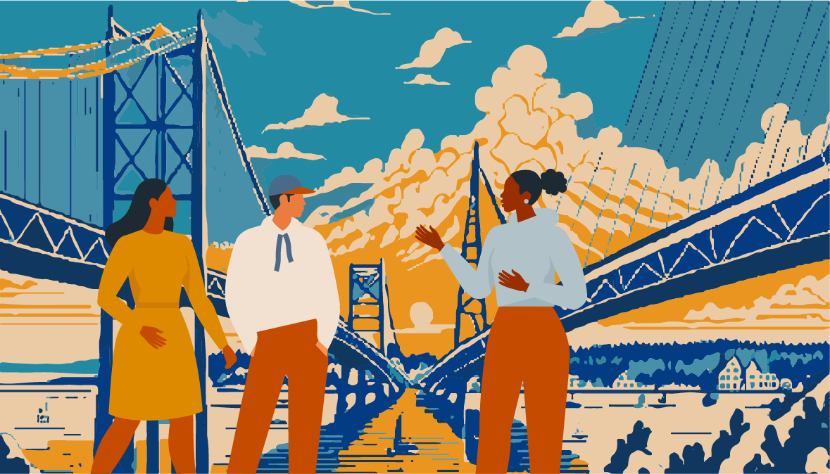 Illustrated scene of three people standing in front of the old and new Penobscot Narrows bridges. Two women and one man are shown in conversation, with dramatic clouds and warm sunlight filling the sky behind the twin bridges. A small town and forested shoreline are visible in the background across the water.