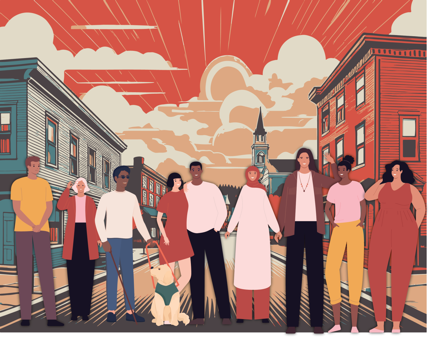 Illustration of a diverse group of people standing together on a city street.