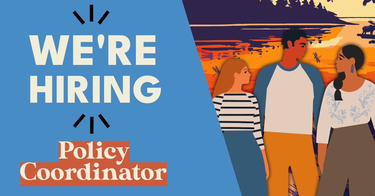 Illustrated banner split diagonally. On the left, a blue background with bold white text reads "WE'RE HIRING" and below it, "Policy Coordinator" in white text on a red background. On the right, three diverse people stand together in front of a stylized Maine sunset with trees, water, and a moose in the distance.