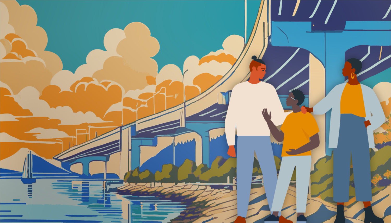 Illustrated scene of three people standing beneath a Portland overpass near the ocean. Two adults and one teen appear to be in conversation, with one adult placing a hand on the child’s shoulder in a supportive gesture. The highway curves overhead, framed by dramatic orange clouds and calm water, with a sailboat in the distance and city greenery at the edge of the scene.