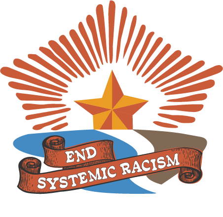 Commission logo with antique style banner that reads: end systemic racism.