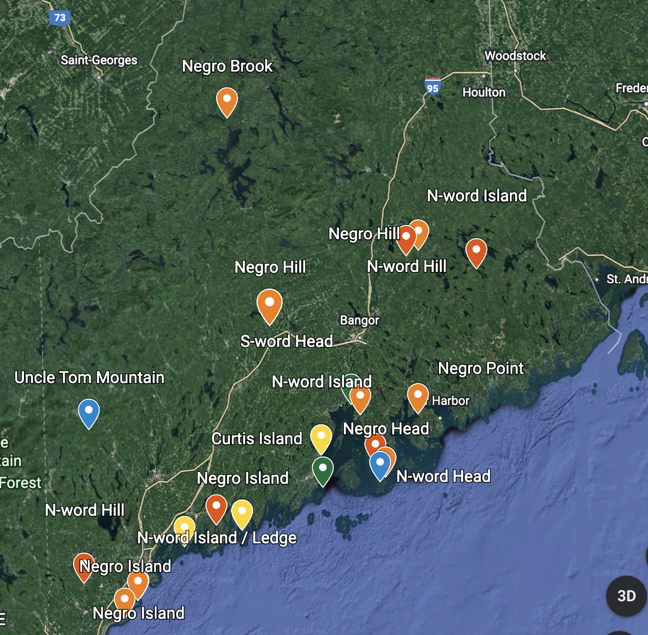 Map of Maine with offensive names located.